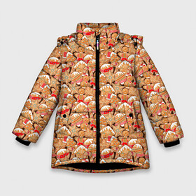 Зимняя куртка для девочек 3D с принтом Праздничное Печенье в Курске, ткань верха — 100% полиэстер; подклад — 100% полиэстер, утеплитель — 100% полиэстер. | длина ниже бедра, удлиненная спинка, воротник стойка и отстегивающийся капюшон. Есть боковые карманы с листочкой на кнопках, утяжки по низу изделия и внутренний карман на молнии. 

Предусмотрены светоотражающий принт на спинке, радужный светоотражающий элемент на пуллере молнии и на резинке для утяжки. | Тематика изображения на принте: christmas | merry christmas | дед мороз | ёлка | елочные шары | игрушки | новый год | печенье | подарок | праздник | пряники | рождество | с новым годом | сантаклаус | сладости | украшения