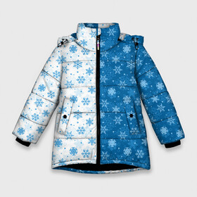 Зимняя куртка для девочек 3D с принтом Снежинки (зимняя пора) в Курске, ткань верха — 100% полиэстер; подклад — 100% полиэстер, утеплитель — 100% полиэстер. | длина ниже бедра, удлиненная спинка, воротник стойка и отстегивающийся капюшон. Есть боковые карманы с листочкой на кнопках, утяжки по низу изделия и внутренний карман на молнии. 

Предусмотрены светоотражающий принт на спинке, радужный светоотражающий элемент на пуллере молнии и на резинке для утяжки. | merry christmas | дед мороз | ёлка | зима | мороз | новый год | подарок | праздник | рождество | с новым годом | сантаклаус | снег | снеговик | снегурочка | снежинки | снежные узоры | узоры