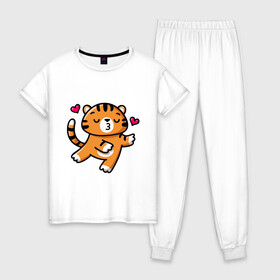 Женская пижама хлопок с принтом влюбленный тигр в Курске, 100% хлопок | брюки и футболка прямого кроя, без карманов, на брюках мягкая резинка на поясе и по низу штанин | 2022 | год тигра | новый год | новый год 2022 | символ года | тигр | тигренок | тигрица | тигры