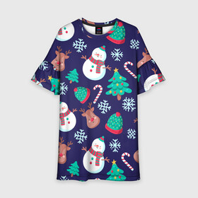 Детское платье 3D с принтом Рождественский Паттерн в Курске, 100% полиэстер | прямой силуэт, чуть расширенный к низу. Круглая горловина, на рукавах — воланы | deer | merry christmas | веселого рождества | ели | елки | олени | рождество | снеговики | снежинки