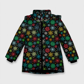 Зимняя куртка для девочек 3D с принтом Разноцветные Снежинки в Курске, ткань верха — 100% полиэстер; подклад — 100% полиэстер, утеплитель — 100% полиэстер. | длина ниже бедра, удлиненная спинка, воротник стойка и отстегивающийся капюшон. Есть боковые карманы с листочкой на кнопках, утяжки по низу изделия и внутренний карман на молнии. 

Предусмотрены светоотражающий принт на спинке, радужный светоотражающий элемент на пуллере молнии и на резинке для утяжки. | merry christmas | дед мороз | ёлка | зима | мороз | новый год | подарок | праздник | рождество | с новым годом | сантаклаус | снег | снеговик | снегурочка | снежинки | снежные узоры | узоры