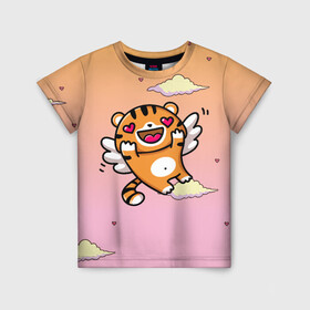 Детская футболка 3D с принтом милый влюбленный тигренок в Курске, 100% гипоаллергенный полиэфир | прямой крой, круглый вырез горловины, длина до линии бедер, чуть спущенное плечо, ткань немного тянется | Тематика изображения на принте: 2022 | год тигра | новый год | новый год 2022 | символ года | тигр | тигренок | тигрица | тигры