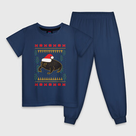 Детская пижама хлопок с принтом Рождественский свитер Жаба в Курске, 100% хлопок |  брюки и футболка прямого кроя, без карманов, на брюках мягкая резинка на поясе и по низу штанин
 | christmas | ugly sweater | африканская лягушка | дождевая лягушка | жаба | зима | зимний | лягушка | новый год | рождественский свитер | рождество | уродливый свитер | черная лягушка