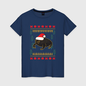 Женская футболка хлопок с принтом Рождественский свитер Жаба в Курске, 100% хлопок | прямой крой, круглый вырез горловины, длина до линии бедер, слегка спущенное плечо | christmas | ugly sweater | африканская лягушка | дождевая лягушка | жаба | зима | зимний | лягушка | новый год | рождественский свитер | рождество | уродливый свитер | черная лягушка