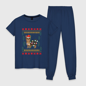 Женская пижама хлопок с принтом Рождественский свитер Йоркшик в Курске, 100% хлопок | брюки и футболка прямого кроя, без карманов, на брюках мягкая резинка на поясе и по низу штанин | christmas | ugly sweater | вечеринка | йорк | йоркширский терьер | новый год | праздники | рождественский свитер | рождество | собака | собачка | уродливый свитер