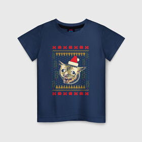 Детская футболка хлопок с принтом Рождественский свитер кашляющий кот в Курске, 100% хлопок | круглый вырез горловины, полуприлегающий силуэт, длина до линии бедер | christmas | coughing cat | ugly sweater | вечеринка | кашляющий кот | кот мем | котик | новогодние праздники | новый год | рождественский свитер | рождество | уродливый свитер