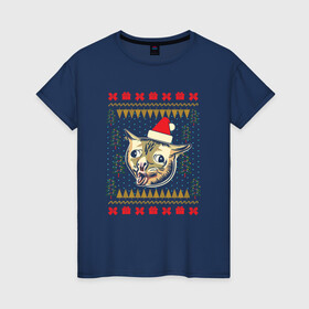 Женская футболка хлопок с принтом Рождественский свитер кашляющий кот в Курске, 100% хлопок | прямой крой, круглый вырез горловины, длина до линии бедер, слегка спущенное плечо | christmas | coughing cat | ugly sweater | вечеринка | кашляющий кот | кот мем | котик | новогодние праздники | новый год | рождественский свитер | рождество | уродливый свитер