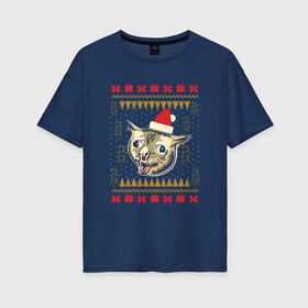 Женская футболка хлопок Oversize с принтом Рождественский свитер кашляющий кот в Курске, 100% хлопок | свободный крой, круглый ворот, спущенный рукав, длина до линии бедер
 | christmas | coughing cat | ugly sweater | вечеринка | кашляющий кот | кот мем | котик | новогодние праздники | новый год | рождественский свитер | рождество | уродливый свитер