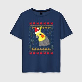Женская футболка хлопок Oversize с принтом Рождественский свитер Корелла в Курске, 100% хлопок | свободный крой, круглый ворот, спущенный рукав, длина до линии бедер
 | christmas | cockatiel | parrot | ugly sweater | корелла | новогодние праздники | новый год | попугай | птица | рождественский свитер | рождество | уродливый свитер