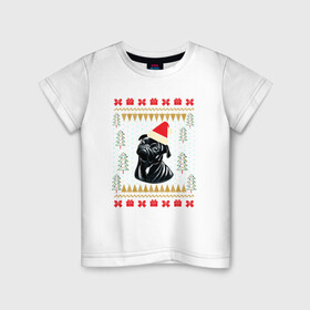 Детская футболка хлопок с принтом Рождественский свитер Черный мопс в Курске, 100% хлопок | круглый вырез горловины, полуприлегающий силуэт, длина до линии бедер | christmas | ugly sweater | вечеринка | мопс | новогодние праздники | новый год | рождественский свитер | рождество | собака | собачка | уродливый свитер | черный мопс