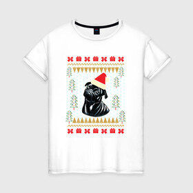 Женская футболка хлопок с принтом Рождественский свитер Черный мопс в Курске, 100% хлопок | прямой крой, круглый вырез горловины, длина до линии бедер, слегка спущенное плечо | christmas | ugly sweater | вечеринка | мопс | новогодние праздники | новый год | рождественский свитер | рождество | собака | собачка | уродливый свитер | черный мопс