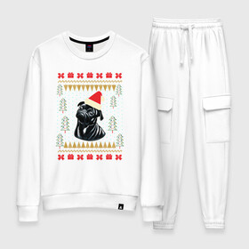 Женский костюм хлопок с принтом Рождественский свитер Черный мопс в Курске, 100% хлопок | на свитшоте круглая горловина, мягкая резинка по низу. Брюки заужены к низу, на них два вида карманов: два 