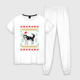 Женская пижама хлопок с принтом Рождественский свитер Хаски в Курске, 100% хлопок | брюки и футболка прямого кроя, без карманов, на брюках мягкая резинка на поясе и по низу штанин | christmas | ugly sweater | вечеринка | новогодние праздники | новый год | рождественский свитер | рождество | сибирский хаски | собака | собачка | уродливый свитер | хаски