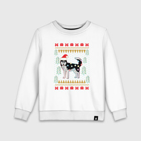 Детский свитшот хлопок с принтом Рождественский свитер Хаски в Курске, 100% хлопок | круглый вырез горловины, эластичные манжеты, пояс и воротник | christmas | ugly sweater | вечеринка | новогодние праздники | новый год | рождественский свитер | рождество | сибирский хаски | собака | собачка | уродливый свитер | хаски