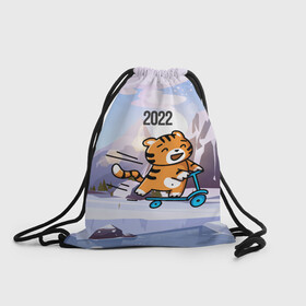 Рюкзак-мешок 3D с принтом Тигренок  на  самокате в Курске, 100% полиэстер | плотность ткани — 200 г/м2, размер — 35 х 45 см; лямки — толстые шнурки, застежка на шнуровке, без карманов и подкладки | 2022 | год тигра | новый год | новый год 2022 | символ года | тигр | тигренок | тигрица | тигры