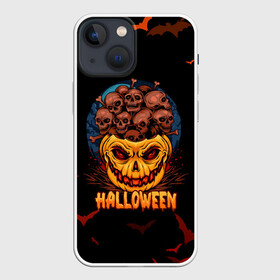 Чехол для iPhone 13 mini с принтом ТЫКВА С ЧЕРЕПАМИ в Курске,  |  | halloween | haloween | pumpkin | pumpkin with skulls | skulls in a pumpkin | тыква | тыква с черепами | хеллоин | хеллоуин | хелоин | хелоуин | хэллоин | хэллоуин | хэлоин | хэлоуин | черепа в тыкве