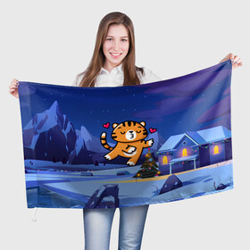 Флаг 3D с принтом Влюбленный тигренок с сердечками в Курске, 100% полиэстер | плотность ткани — 95 г/м2, размер — 67 х 109 см. Принт наносится с одной стороны | 2022 | год тигра | новый год | новый год 2022 | символ года | тигр | тигренок | тигрица | тигры