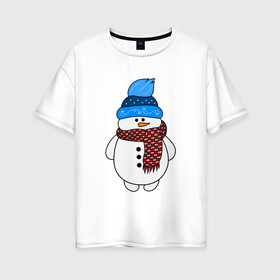 Женская футболка хлопок Oversize с принтом Снеговик в шапочке в Курске, 100% хлопок | свободный крой, круглый ворот, спущенный рукав, длина до линии бедер
 | christmas | happy new year | merry christmas | new year | snowman | winter | зима | новогодние рисунки | новый год | подарок | рождество | с новым годом | снеговик
