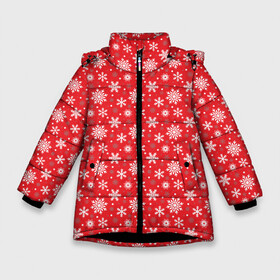 Зимняя куртка для девочек 3D с принтом Снежинки (красный фон) в Курске, ткань верха — 100% полиэстер; подклад — 100% полиэстер, утеплитель — 100% полиэстер. | длина ниже бедра, удлиненная спинка, воротник стойка и отстегивающийся капюшон. Есть боковые карманы с листочкой на кнопках, утяжки по низу изделия и внутренний карман на молнии. 

Предусмотрены светоотражающий принт на спинке, радужный светоотражающий элемент на пуллере молнии и на резинке для утяжки. | merry christmas | дед мороз | ёлка | зима | мороз | новый год | подарок | праздник | рождество | с новым годом | сантаклаус | снег | снеговик | снегурочка | снежинки | снежные узоры | узоры