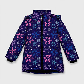 Зимняя куртка для девочек 3D с принтом Ночные Снежинки в Курске, ткань верха — 100% полиэстер; подклад — 100% полиэстер, утеплитель — 100% полиэстер. | длина ниже бедра, удлиненная спинка, воротник стойка и отстегивающийся капюшон. Есть боковые карманы с листочкой на кнопках, утяжки по низу изделия и внутренний карман на молнии. 

Предусмотрены светоотражающий принт на спинке, радужный светоотражающий элемент на пуллере молнии и на резинке для утяжки. | merry christmas | дед мороз | ёлка | зима | мороз | новый год | подарок | праздник | рождество | с новым годом | сантаклаус | снег | снеговик | снегурочка | снежинки | снежные узоры | узоры