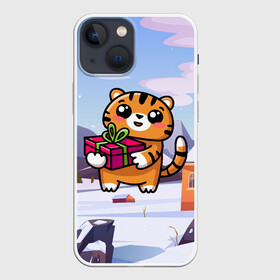 Чехол для iPhone 13 mini с принтом Новогодний тигренок с подарком в Курске,  |  | Тематика изображения на принте: 2022 | год тигра | новый год | новый год 2022 | символ года | тигр | тигренок | тигрица | тигры