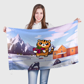 Флаг 3D с принтом Новогодний тигренок с подарком в Курске, 100% полиэстер | плотность ткани — 95 г/м2, размер — 67 х 109 см. Принт наносится с одной стороны | 2022 | год тигра | новый год | новый год 2022 | символ года | тигр | тигренок | тигрица | тигры