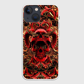 Чехол для iPhone 13 mini с принтом Череп красного демона в Курске,  |  | gold | halloween | happy halloween | holiday | horns of satan | ornament | patterns | red skull | золото | красный череп | орнамент | праздник | рога сатаны | узоры | хэллоуин