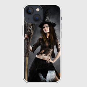 Чехол для iPhone 13 mini с принтом Милая ведьма с метлой в Курске,  |  | beautiful girl | black witch | broom and pumpkin | brunette | charming witch | cute | cute look | halloween | happy halloween | holiday | mous | брюнетка | красивая девушка | метла и тыква | милая | милый взгляд | мышь | очаровательная колд