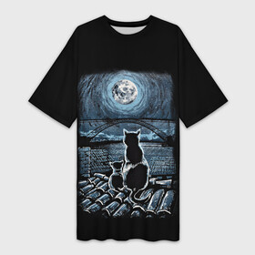 Платье-футболка 3D с принтом КОТЫ НА КРЫШЕ в Курске,  |  | cat | moon | night | животные | звезды | звери | кот | котенок | коты | кошка | красиво | крыша | луна | мама | небо | ночь | тьма