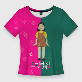 Женская футболка 3D Slim с принтом Игра в кальмара. Кукла. Противостояние в Курске,  |  | игра в кальмара | игра на выживание | логотип игры в кальмара | песня куклы | рисунок руками | страшная кукла | фан арт