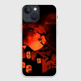 Чехол для iPhone 13 mini с принтом Красная луна на Хэллоуин в Курске,  |  | bats | evil spirits | graveyard with crosses | halloween | happy halloween | holiday | night | pumpkins | red moon | spider | кладбище с крестами | красная луна | летучие мыши | нечисть | ночь | паук | праздник | тыквы | хэллоуин