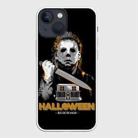 Чехол для iPhone 13 mini с принтом Маньяк с большим ножом в Курске,  |  | dripping blood | halloween | happy halloween | holiday | house in the night | killer with a knife | masked maniac | pumpkin | дом в ночи | капает кровь | праздник | тыква | хэллоуин