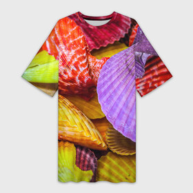 Платье-футболка 3D с принтом Разноцветные ракушки multicolored seashells в Курске,  |  | holiday | multicolored seashells | sea | sea house | summer | лагуна | лето | моллюск | море | морская тема | морские обитатели | морские ракушки | морской пляж | океан | отпуск | перламутр | пляж | подводный мир