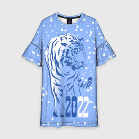 Детское платье 3D с принтом Голубой водяной тигр в Курске, 100% полиэстер | прямой силуэт, чуть расширенный к низу. Круглая горловина, на рукавах — воланы | 2022 | beast | blue water tiger | is coming | new year | predator | strength and tranquility | year of the tiger | год тигра | зверь | зима | идет | новый год | сила и спокойствие | снег | хищник