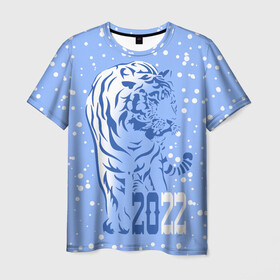 Мужская футболка 3D с принтом Голубой водяной тигр в Курске, 100% полиэфир | прямой крой, круглый вырез горловины, длина до линии бедер | 2022 | beast | blue water tiger | is coming | new year | predator | strength and tranquility | year of the tiger | год тигра | зверь | зима | идет | новый год | сила и спокойствие | снег | хищник