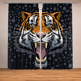 Фотошторы с принтом Амурский тигр в ночи в Курске, Блэкаут (светозащита 90%) / Габардин (светозащита 40% | 2 полотна шириной по 145 см; Высота 200-300 см; Крепление: шторная лента (на крючки); | Тематика изображения на принте: 2022 | aggression | amur tiger | beast | grin | new year | night | open mouth | predator | snowfall | winter | year of the tiger | агрессия | амурский тигр | год тигра | зверь | зима | новый год | ночь | оскал | открытая пасть | снегопад | хищник
