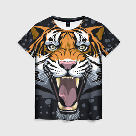 Женская футболка 3D с принтом Амурский тигр в ночи в Курске, 100% полиэфир ( синтетическое хлопкоподобное полотно) | прямой крой, круглый вырез горловины, длина до линии бедер | 2022 | aggression | amur tiger | beast | grin | new year | night | open mouth | predator | snowfall | winter | year of the tiger | агрессия | амурский тигр | год тигра | зверь | зима | новый год | ночь | оскал | открытая пасть | снегопад | хищник