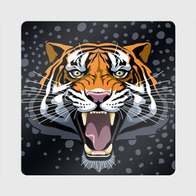 Магнит виниловый Квадрат с принтом Амурский тигр в ночи в Курске, полимерный материал с магнитным слоем | размер 9*9 см, закругленные углы | Тематика изображения на принте: 2022 | aggression | amur tiger | beast | grin | new year | night | open mouth | predator | snowfall | winter | year of the tiger | агрессия | амурский тигр | год тигра | зверь | зима | новый год | ночь | оскал | открытая пасть | снегопад | хищник