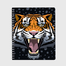 Тетрадь с принтом Амурский тигр в ночи в Курске, 100% бумага | 48 листов, плотность листов — 60 г/м2, плотность картонной обложки — 250 г/м2. Листы скреплены сбоку удобной пружинной спиралью. Уголки страниц и обложки скругленные. Цвет линий — светло-серый
 | 2022 | aggression | amur tiger | beast | grin | new year | night | open mouth | predator | snowfall | winter | year of the tiger | агрессия | амурский тигр | год тигра | зверь | зима | новый год | ночь | оскал | открытая пасть | снегопад | хищник