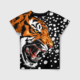 Детская футболка 3D с принтом Амурский тигр и снегопад в Курске, 100% гипоаллергенный полиэфир | прямой крой, круглый вырез горловины, длина до линии бедер, чуть спущенное плечо, ткань немного тянется | Тематика изображения на принте: 2022 | amur tiger | beast | grin | new year | night | open mouth | predator | profile | snowfall | winter | year of the tiger | амурский тигр | год тигра | зверь | зима | новый год | ночь | оскал | открытая пасть | профиль | снегопад | хищник