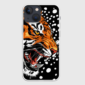 Чехол для iPhone 13 mini с принтом Амурский тигр и снегопад в Курске,  |  | 2022 | amur tiger | beast | grin | new year | night | open mouth | predator | profile | snowfall | winter | year of the tiger | амурский тигр | год тигра | зверь | зима | новый год | ночь | оскал | открытая пасть | профиль | снегопад | хищник