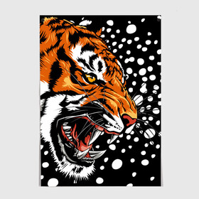 Постер с принтом Амурский тигр и снегопад в Курске, 100% бумага
 | бумага, плотность 150 мг. Матовая, но за счет высокого коэффициента гладкости имеет небольшой блеск и дает на свету блики, но в отличии от глянцевой бумаги не покрыта лаком | 2022 | amur tiger | beast | grin | new year | night | open mouth | predator | profile | snowfall | winter | year of the tiger | амурский тигр | год тигра | зверь | зима | новый год | ночь | оскал | открытая пасть | профиль | снегопад | хищник