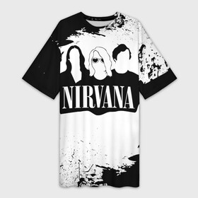 Платье-футболка 3D с принтом Нирвана Рок Группа Гранж ЧБ  Nirvana в Курске,  |  | album | curt | group | grunge | kobain | logo | music | nevermind | nirvana | pattern | rock | smells like | smile | teen spirit | альбом | брызги | гитара | гранж | группа | курт кобейн | логотип | музыка | невермайнд | нирвана | паттерн | потер