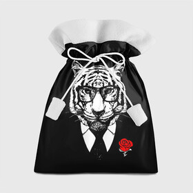 Подарочный 3D мешок с принтом Тигр с красной розой в Курске, 100% полиэстер | Размер: 29*39 см | Тематика изображения на принте: 2022 | authority | black suit | godfather | holiday | mafia | new year | red rose | year of the tiger | авторитет | год тигра | красная роза | крестный отец | мафия | новый год | праздник | тигр в очках | черный костюм