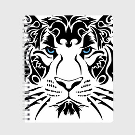 Тетрадь с принтом Водяной голубоглазый тигр в Курске, 100% бумага | 48 листов, плотность листов — 60 г/м2, плотность картонной обложки — 250 г/м2. Листы скреплены сбоку удобной пружинной спиралью. Уголки страниц и обложки скругленные. Цвет линий — светло-серый
 | 2022 | blue eyes | new year | ornament | pattern | predator | strength and tranquility | water tiger | year of the tiger | водяной тигр | год тигра | голубые глаза | новый год | орнамент | сила и спокойствие | узор | хищник