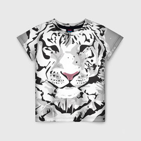 Детская футболка 3D с принтом Белый снежный тигр в Курске, 100% гипоаллергенный полиэфир | прямой крой, круглый вырез горловины, длина до линии бедер, чуть спущенное плечо, ткань немного тянется | 2022 | art | beast | new year | predator | splashes and drops | white tiger | year of the tiger | белый тигр | брызги и капли | год тигра | зверь | искусство | новый год | хищник