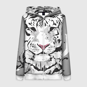 Женская толстовка 3D на молнии с принтом Белый снежный тигр в Курске, 100% полиэстер | длина до линии бедра, манжеты и пояс оформлены мягкой тканевой резинкой, двухслойный капюшон со шнурком для регулировки, спереди молния, по бокам два кармана | 2022 | art | beast | new year | predator | splashes and drops | white tiger | year of the tiger | белый тигр | брызги и капли | год тигра | зверь | искусство | новый год | хищник