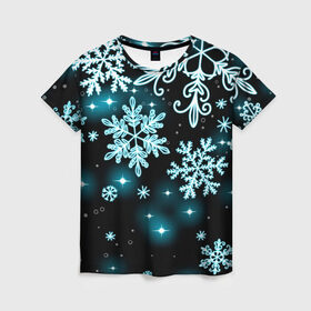 Женская футболка 3D с принтом Космические снежинки в Курске, 100% полиэфир ( синтетическое хлопкоподобное полотно) | прямой крой, круглый вырез горловины, длина до линии бедер | Тематика изображения на принте: christmas | happy new year | merry christmas | neon | new year | snow | snowflakes | winter | декабрь | звезды | зима | зимний орнамент | зимний узор | зимняя ночь | неоновый | новогодний принт | новогодняя ночь | новый год | ночь | подарок