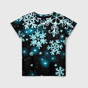 Детская футболка 3D с принтом Космические снежинки в Курске, 100% гипоаллергенный полиэфир | прямой крой, круглый вырез горловины, длина до линии бедер, чуть спущенное плечо, ткань немного тянется | christmas | happy new year | merry christmas | neon | new year | snow | snowflakes | winter | декабрь | звезды | зима | зимний орнамент | зимний узор | зимняя ночь | неоновый | новогодний принт | новогодняя ночь | новый год | ночь | подарок