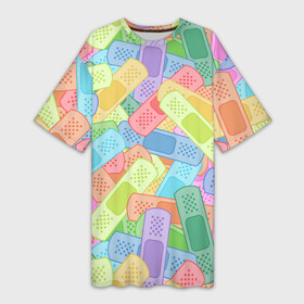 Платье-футболка 3D с принтом Цветные пластыри в Курске,  |  | заклеить | медицина | паттерн | пластырь | починить | починка | узор | юмор